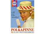 Reklamdekal för Polkapinne, en ny glass med polkakross.