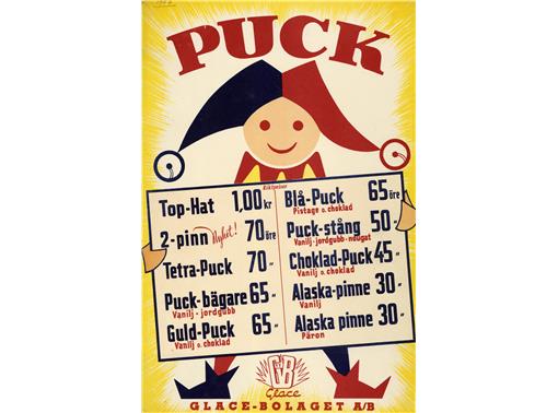Prislista från 1957. Som synes levde Puck kvar även under GB-tiden, både när det gällde själva figuren och namnen på glassarna.