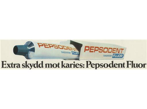 Pepsodent Fluor från tidigt 1970-tal. Vid den här tiden utgjorde fluortandkräm 70 procent av all tandkräm som såldes.