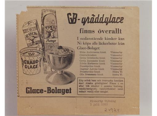 Annons i Vimmerby tidning 1959. Här framgår vilka kiosker som sålde glass.