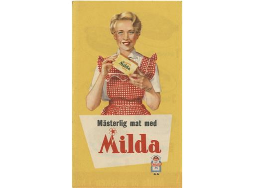 Mästerlig mat med Milda. Receptsamling från 1950-tal. Längst ner till höger syns Mildagumman.