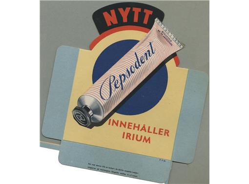 Reklam för Pepsodent 1946. Förpackningen var designad av den amerikanske formgivaren Raymond Loewys designkontor.