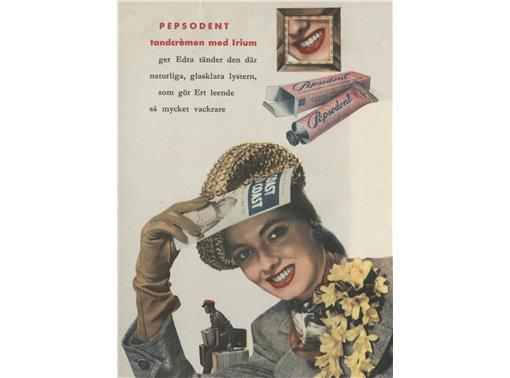 Reklambild för Pepsodent tandkräm från 1946. Irium var det nya ämnet, som skulle göra tänderna renare och leendet skinande.