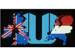 Unilevers logotyp cirka 1985, omgiven av de båda ursprungsländerna Storbritannien och Nederländerna.