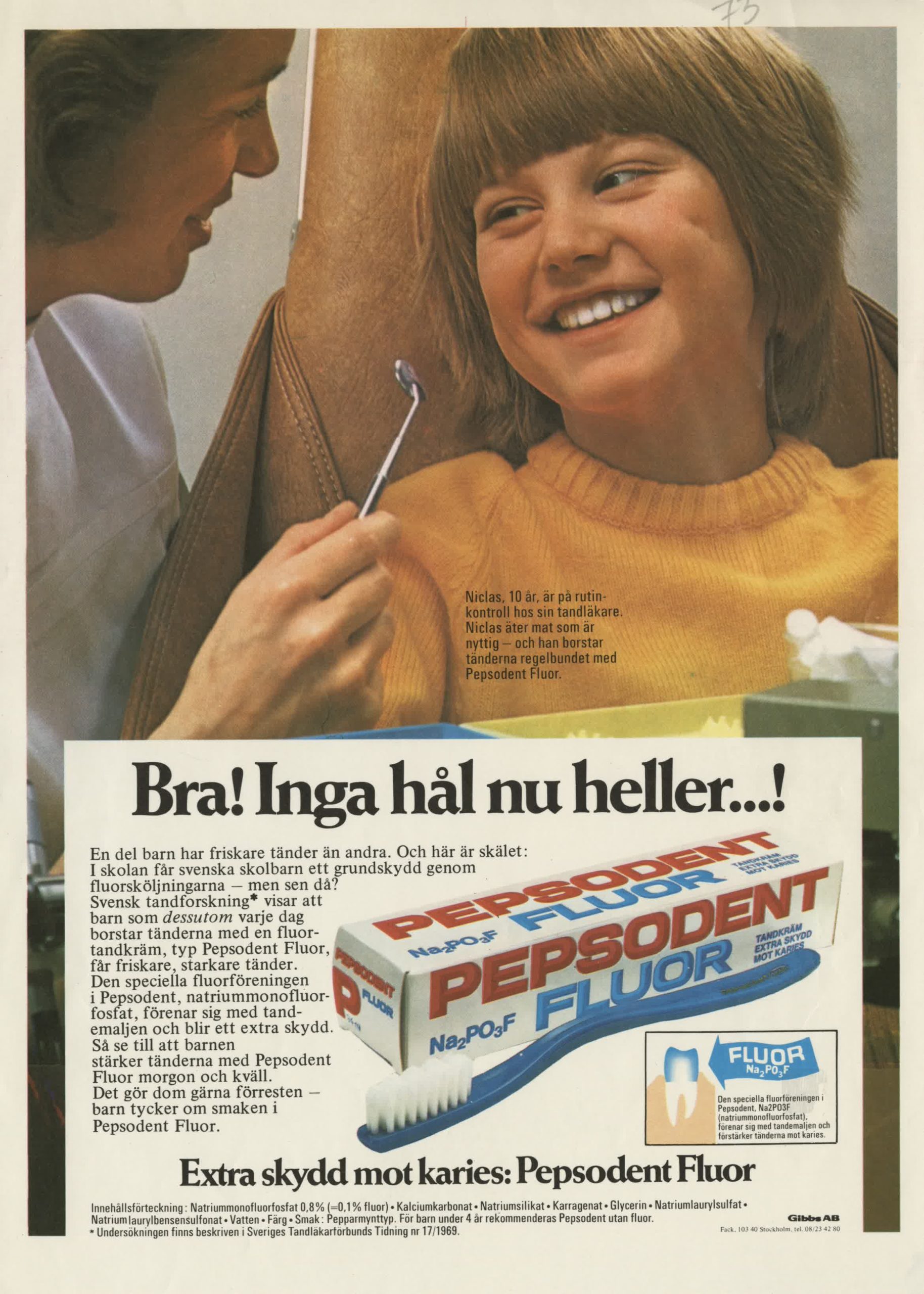 Pepsodentreklam för Pepsodent Fluor från 1975. Barnen började bli vanliga i reklamen. Motiv-ID: UNL001068.